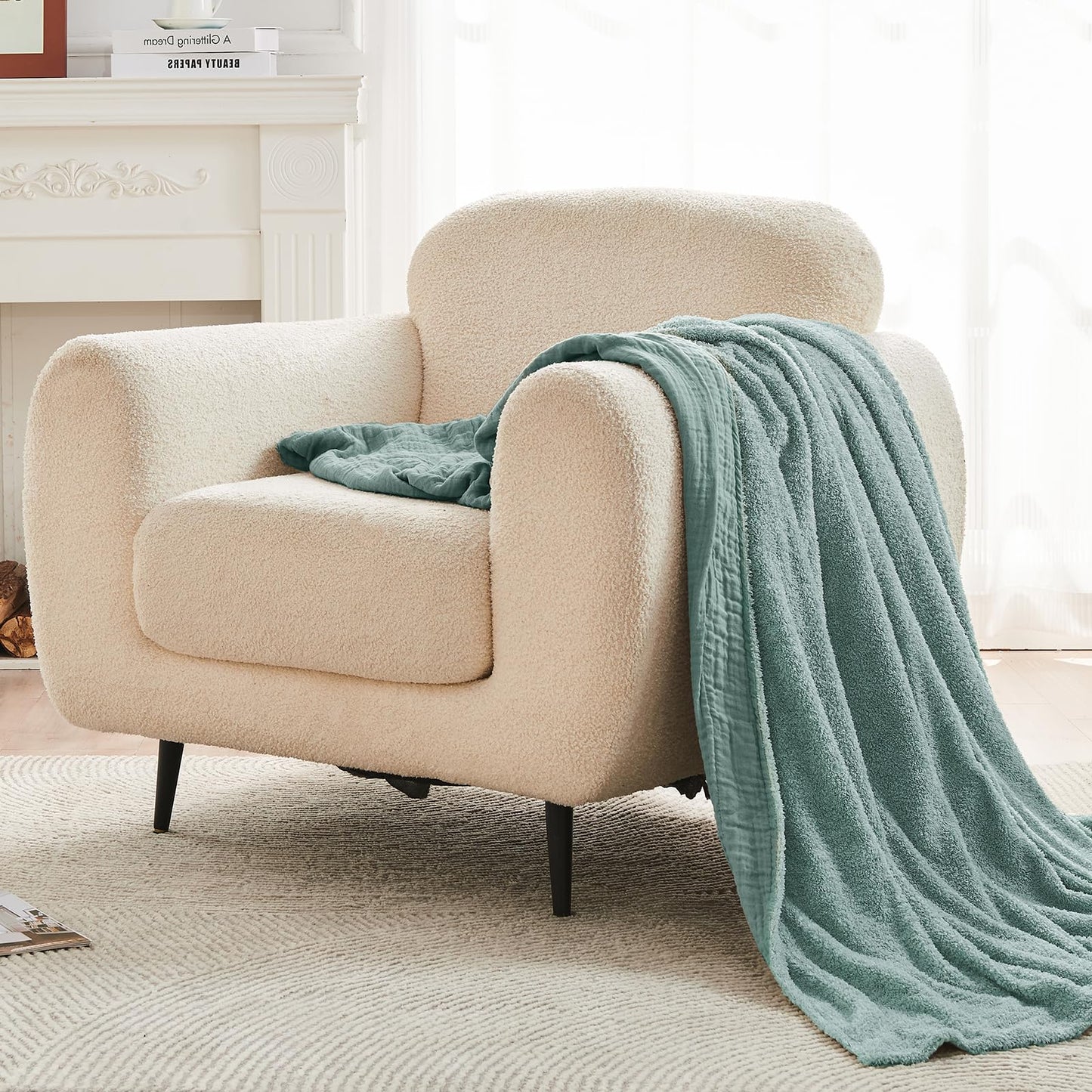 EMME Muslin Cotton Fleece Queen Blanket Reversible - 80"*90" Teal Soft Warm Throw Blankets for Couch Bed Picnic Travel Bed
