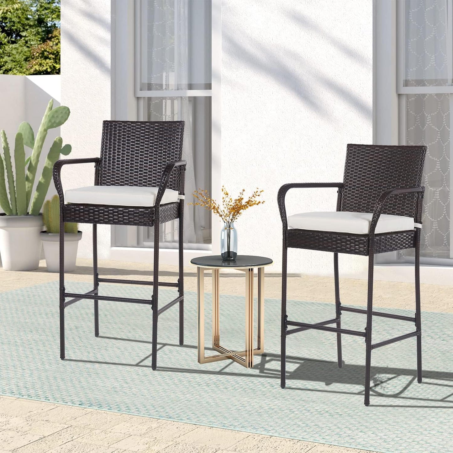 PayLessHere Patio Bar Stools Set of 2 - All-Weather Wicker Rattan Chairs with Footrest & Khaki Cushions
