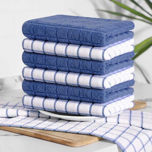 Homaxy Premium Cotton Kitchen Towels 16"x 28", Large Natural Ring Spun 390 GSM Dish Towels, Super Absorbent Terry Kitchen Hand Towels, Soft Tea Towels with Hanging Loop, Navy Blue Check Design, 6 Pack