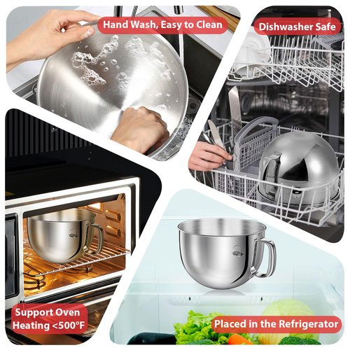 6QT Stainless Steel Bowl and Bowl Lid Covers for Kitchenaid Stand Mixers, Kitchen Aid Mixing Replacement attachment for 6QT Lift Mixer with Handle, Dishwasher safe.