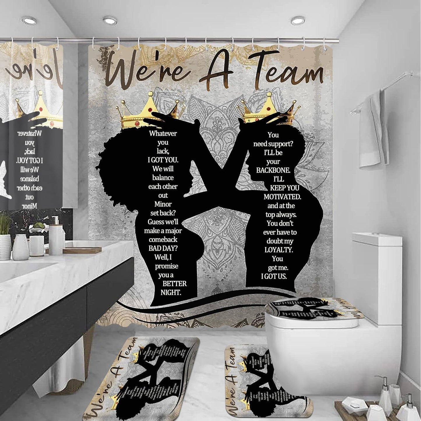 Skiennix Black King Queen Shower Curtain Set - Inspirational Quotes Bathroom Decor | 4-Piece Waterproof Fabric