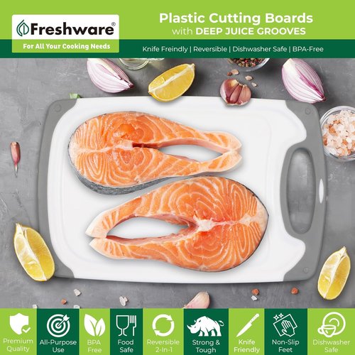 Freshware Cutting Boards - 3-Pack Kitchen Chopping Boards with Juice Grooves & Non-Slip Handles | Reversible, Dishwasher Safe - Gray