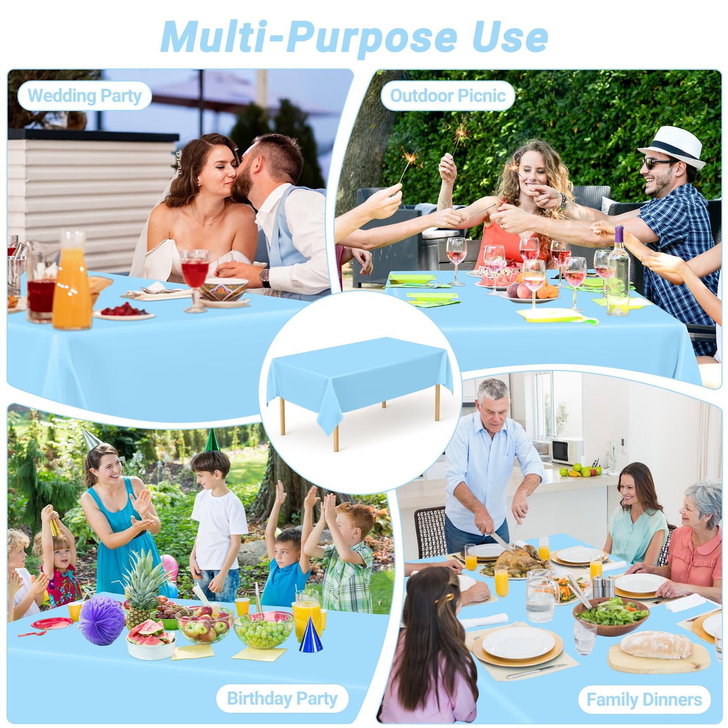 QZYL 2 Pack Picnic Table Cover, 108 x 54 Inches Sky Blue Plastic Tablecloth, Tear Resistant Rectangle Disposable Tablecloth Party Tablecover, Waterproof Rectangle Table Decorations Party Supplies