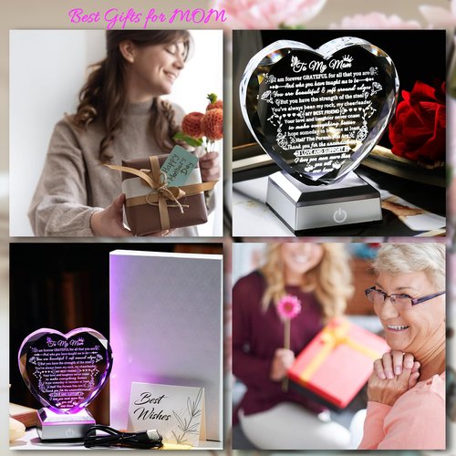 Gifts for Mom from Son, Daughter - To My Mom Crystal Heart Keepsake with Colorful Base - Unique Mother's Day, Birthday Gifts for Mom