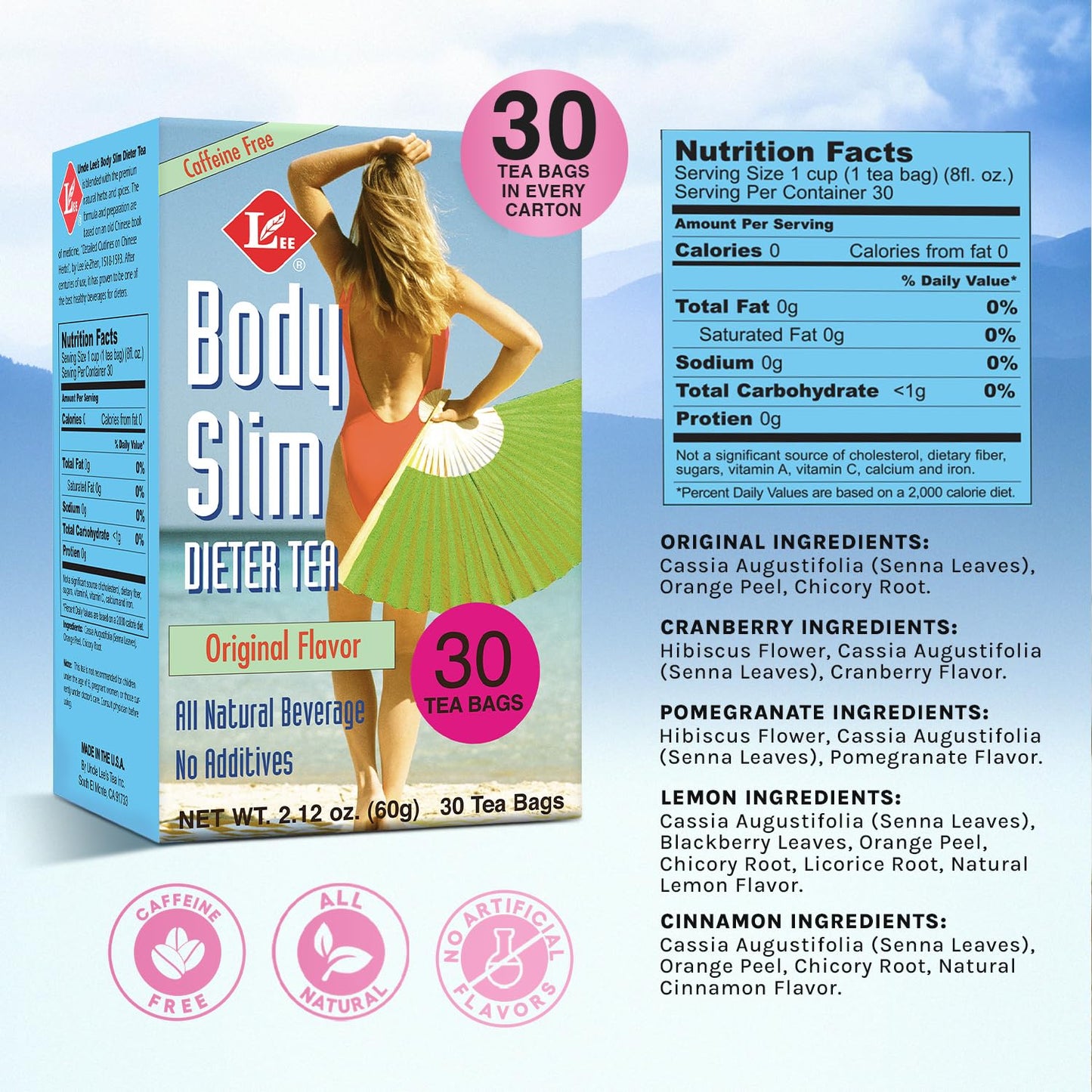 Uncle Lee’s Body Slim Dieters Tea, Detox & Slimming Tea, Senna, Bitter Orange, Cinnamon Flavor & Chicory Root, Natural Laxative, Caffeine-Free Herbal Tea Bags, 30 Count Ea (Pack of 6)