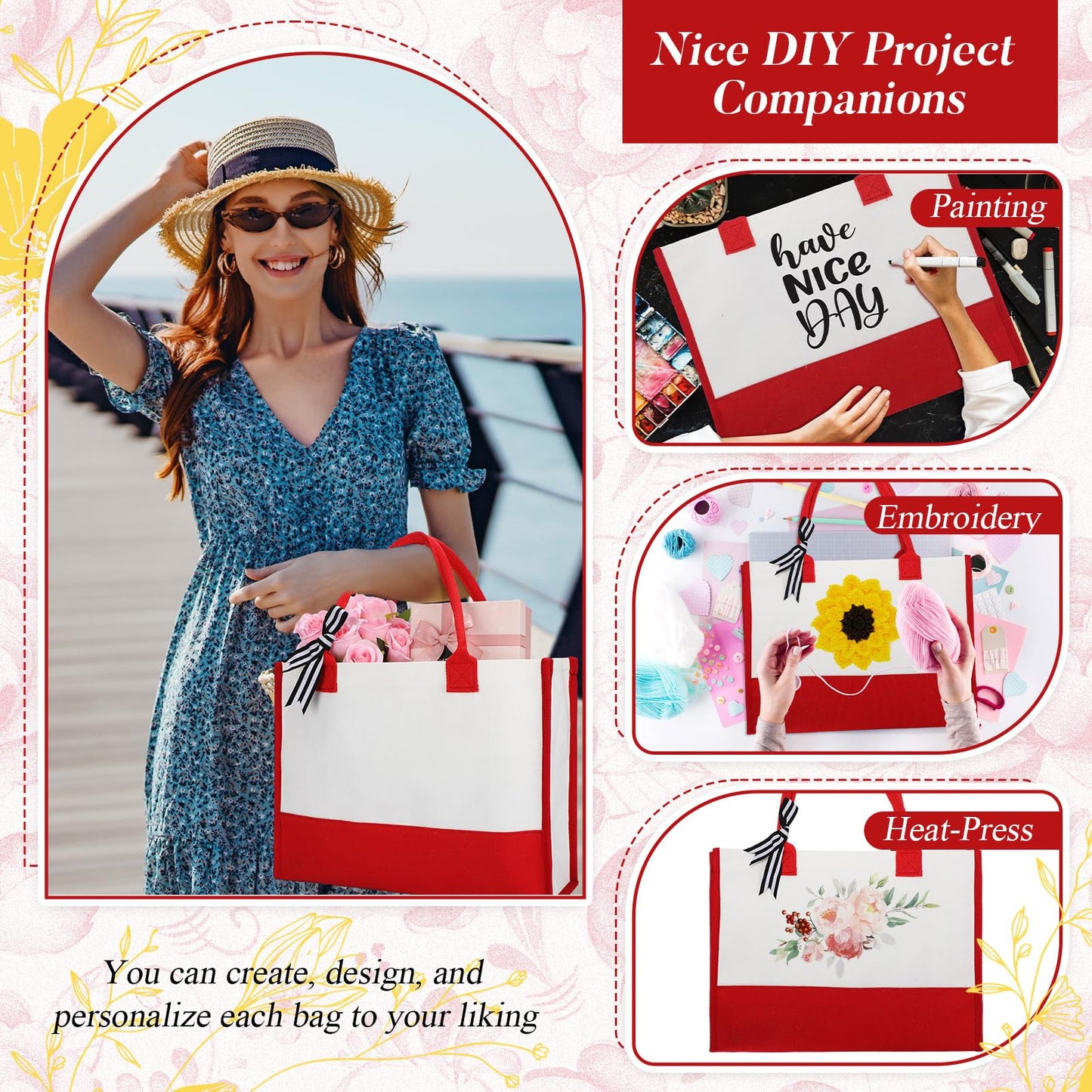 Shinylin 3 Pcs Initial Canvas Tote Bag Reusable Blank Personalized Present Totes for Women, Bridesmaid, Wedding, Travel Gift(Red)