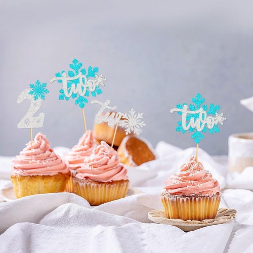 Ercadio 24 PCS Blue Snowflake Cupcake Toppers - Glittery Picks for Winter Onederland Theme Party