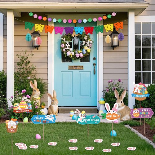 AhfuLife Easter Decorations Set, Happy Easter Bunny Paper Banner, Easter Egg Hunt Signs Clues with Sticks and Bunny Feet, Reusable Bunting for Home Garden Indoor Outdoor Party Game Decorations