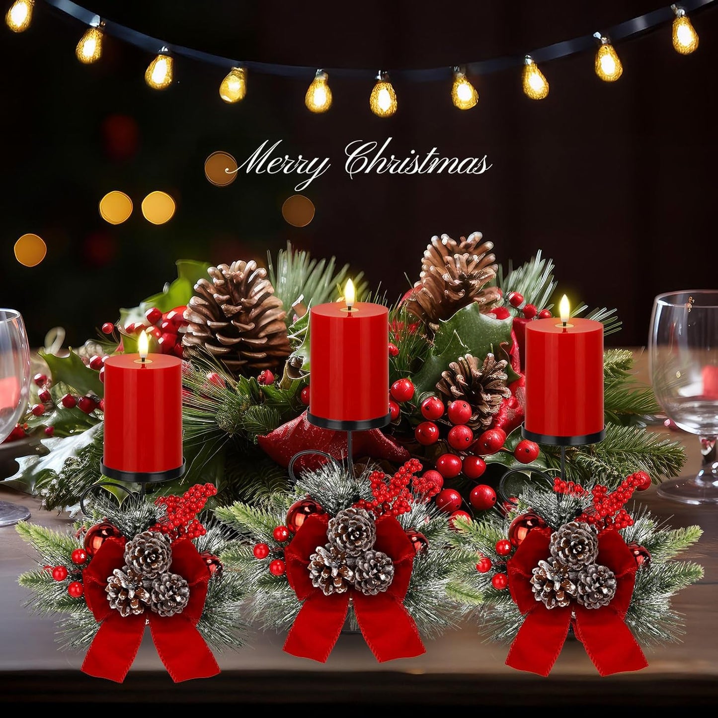 Yunlly Christmas Candle Holder Set - 3 LED Battery-Operated Pine Cone Ball Centerpieces | Festive Table Decor