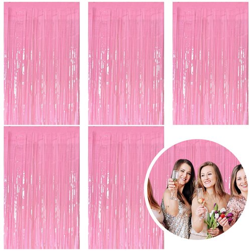 5 Pack Foil Curtain Pink Backdrop Streamers Metallic Tinsel Fringe Curtains Photo Booth Props for Birthday Wedding Engagement Bachelorette Christmas Holiday Celebration Party Decorations