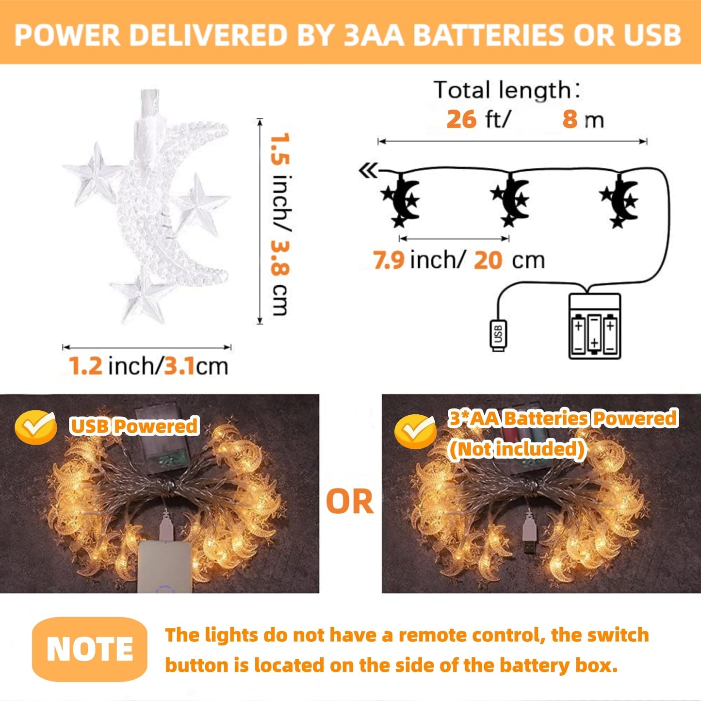 LANZODA Fairy Lights Battery Operated or USB Plug in 26ft/8M 40LED 8 Modes with Timer Ramadan Decorations for Home Moon and Star Lights Wedding Christmas Diwali Eid Room Decor Warm White