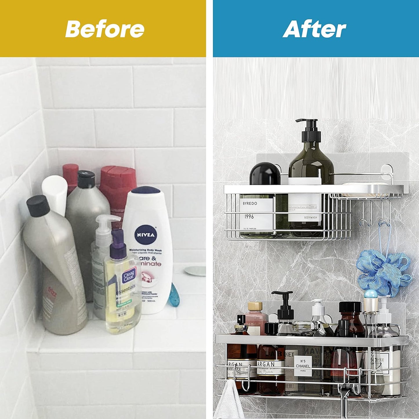 KESOL Shower Caddy - Wall-Mounted Organizer with Hooks | Rustproof SUS304 Stainless Steel (2 Pack) - Silver