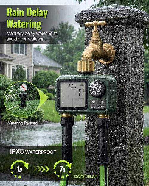 Brass Sprinkler Timer - Programmable Water Timer for Garden Hose with Auto/Manual/Rain Delay | 2 Outlet F12WT06