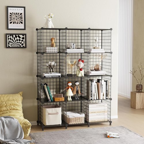 ATTJL12B - 12-Cube Storage Organizer | Metal Wire Shelving Unit for Modular Grid Bookshelf - Black, 11.8" L x 11.8" W x 11.8" H