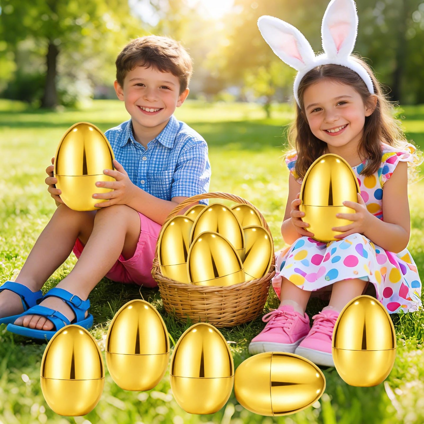 PIONJOY 12 PCS 6" Jumbo Golden Plastic Easter Eggs Fillable , Giant Empty Easter Eggs Fillable Bright Gold Metallic Egg for Kids Boys Girls Classroom Prizes Easter Basket Stuffers Party Favors