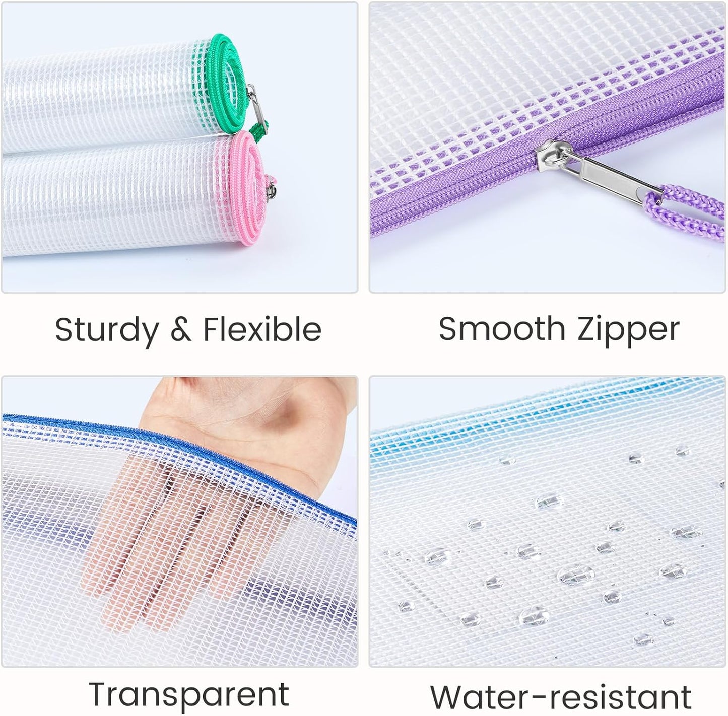 Sooez 24 Pack Mesh Zipper Pouches - Durable A4 Storage Bags with Sticky Labels for Organizing Toys & Games