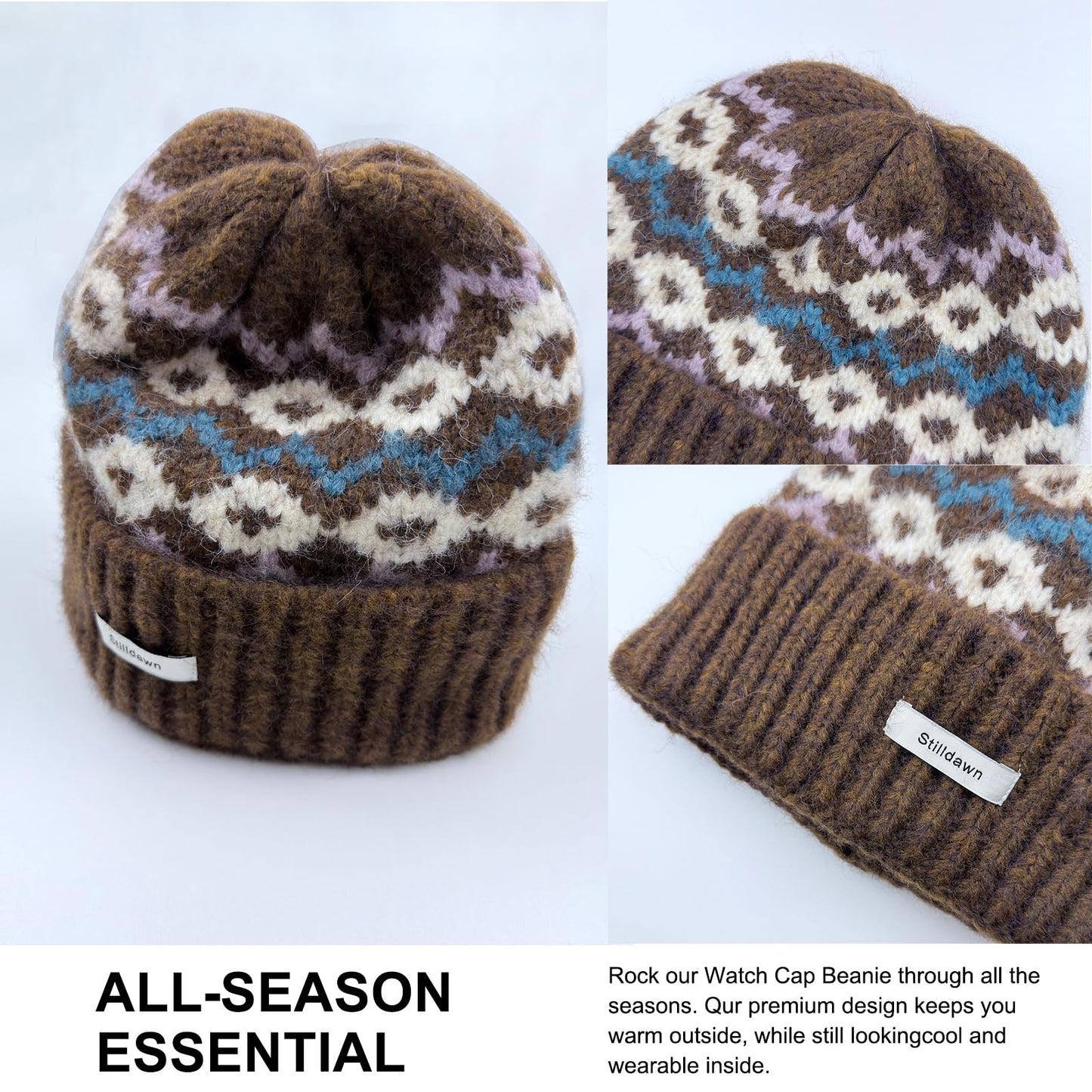 Stilldawn Winter Jacquard Beanie Hats for Women & Men, Elegant Textured Knit Slouchy Beanie, Unisex Casual Soft Knit Slouchy Beanie, Warm Wool Blend Knit Hats– Lightweight & Stretchy(Coffee)