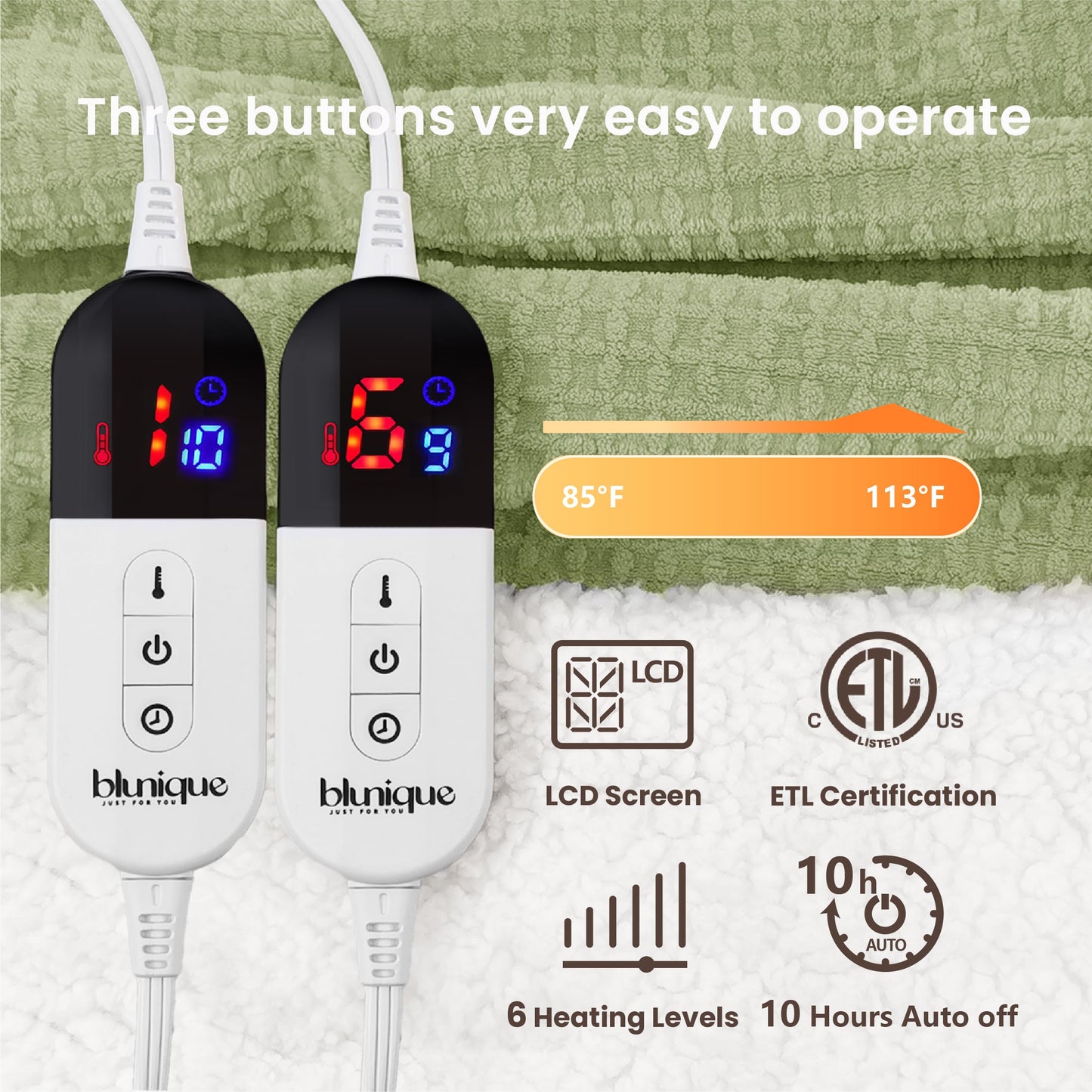 blunique Heated Blanket Electric Blanket Queen Waffle, 84x90 Inches Dual Controllers Sherpa Fleece Fast Heating Blanket 6 Heating Levels & 10 Hours Auto Off ETL Certification, Sage Queen