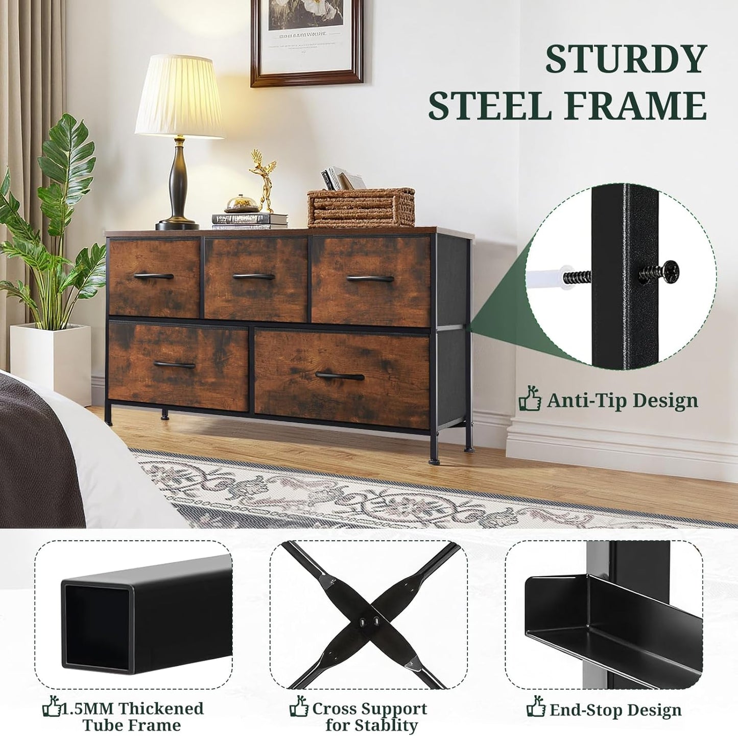Regine Switzerland 5-Drawer Dresser - Anti-Tip Fabric Storage Organizer with Wooden Top | Brown Finish for Bedroom & Living Room