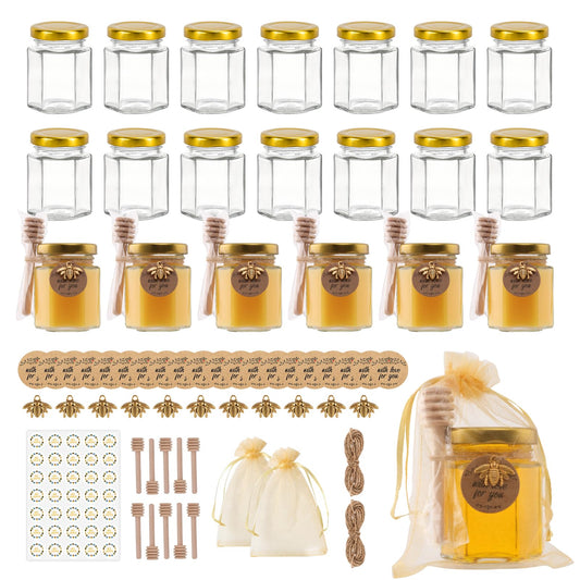 SZUAH 20 Pack 3 oz Mini Honey Jars with Dipper, Glass Hexagon Honey Jar for Wedding Favors, Empty Glass Jars for Party Favor
