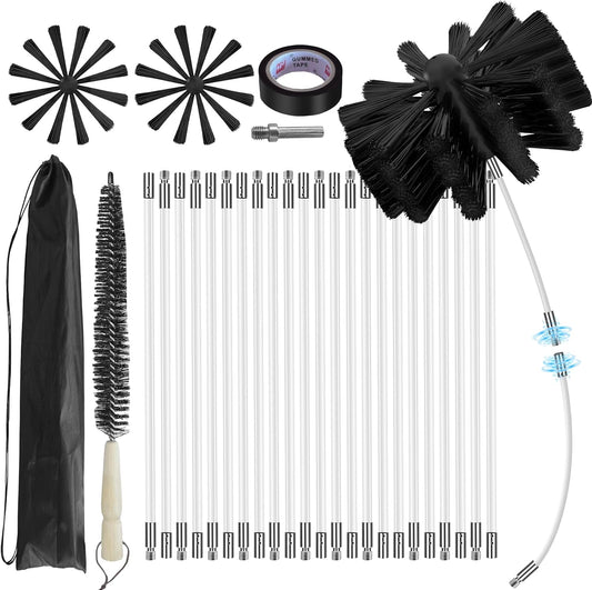 Skiennix Chimney Sweep Kit - 30 Feet Rotary Cleaning System with 8-Inch Brush Head & 23 Flexible Rods
