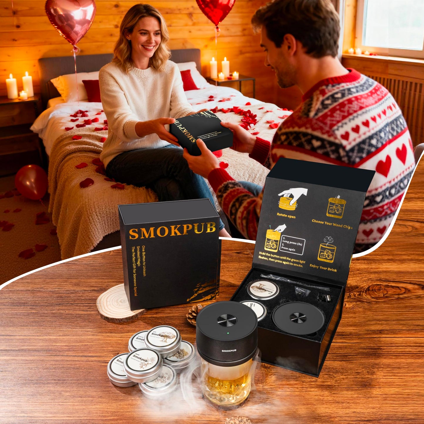 SMOKPUB Electric Whiskey Smoker Kit, Rechargeable Cocktail Smoker with 6 Wood Chips, Flameless Heating System, Old Fashioned Drink Smoker Kit, Bourbon Whiskey Gifts for Men,Dad,Husband