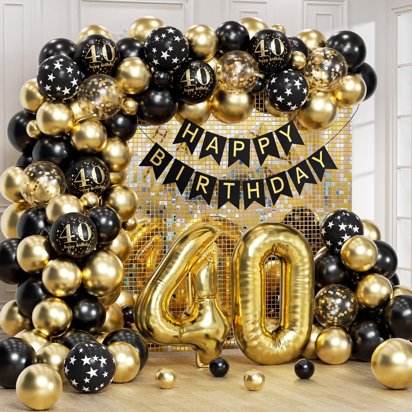 115pcs 40th Birthday Balloon Arch with Black Gold Balloon Garland happy Birthday Banner 40th Foil Balloon for 40th Birthday Decorations for Men or Women Anniversary Decorations