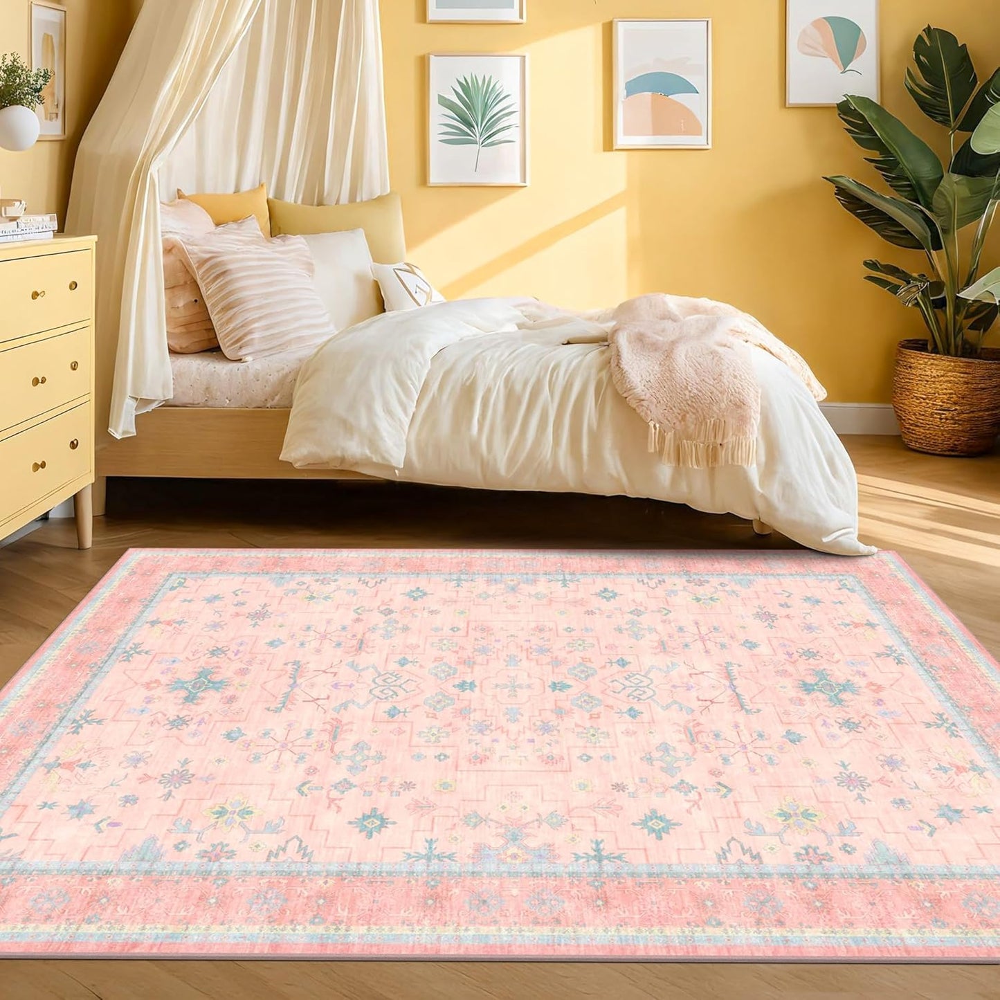 Skiennix Boho Area Rug - Washable Pink & Blue 6x8 for Kids' Playroom | Soft, Non-Slip, Stain-Resistant Design