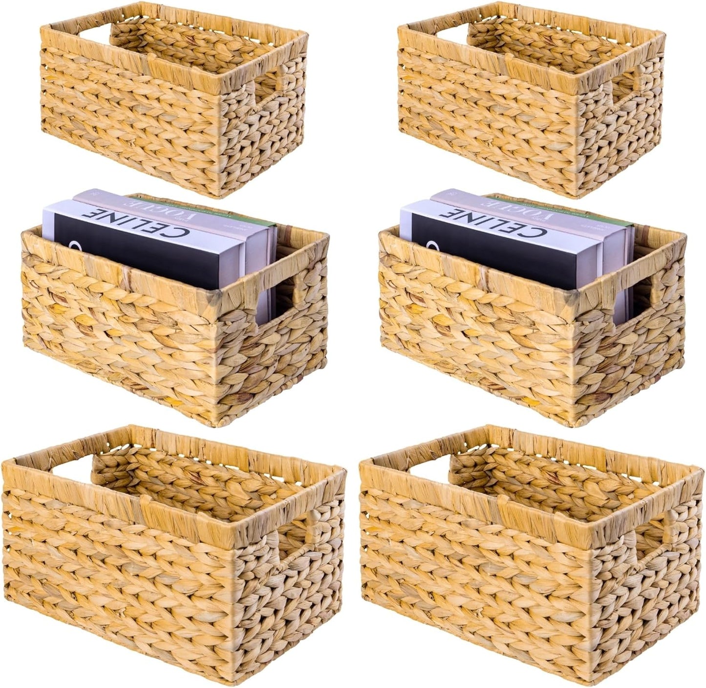 M4DECOR Water Hyacinth Storage Baskets - Handwoven Wicker Organizing Baskets for Shelves | Set of 6 (2 Sizes)