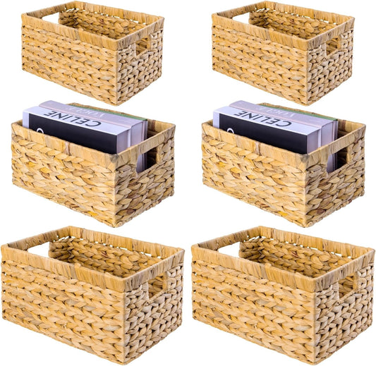 M4DECOR Water Hyacinth Storage Baskets - Handwoven Wicker Organizing Baskets for Shelves | Set of 6 (2 Sizes)