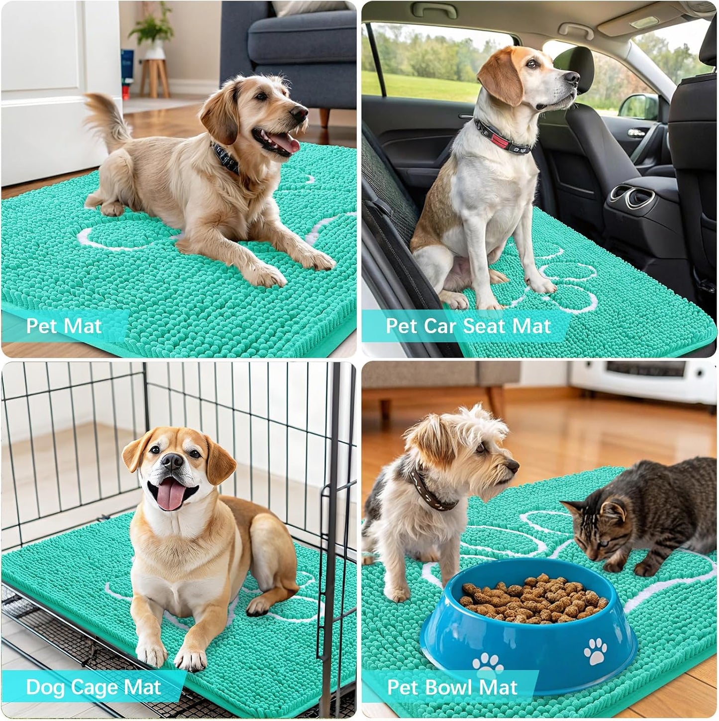 OLANLY Dog Door Mat - Absorbent Non-Slip Chenille Mat for Muddy Paws | 59x35, Teal Paw Print Design