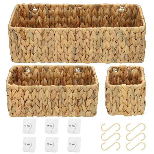 Woven Hanging Wall Baskets for Storage, Water Hyacinth Bathroom Wall Mount Organizer, Wicker Wall Baskets Decor for Letters and Mail, Food Storage Basket, Toilet Tank Basket, Set of 3