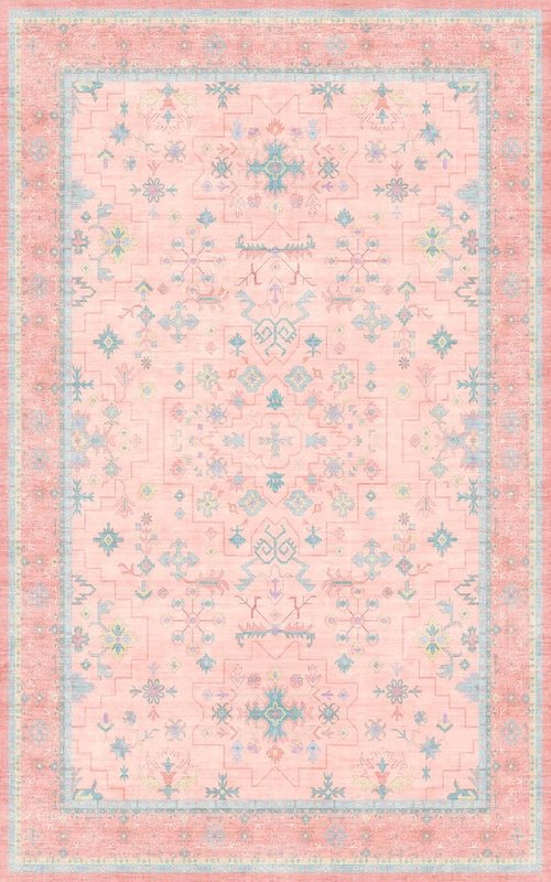 Hazo Haus Washable 5x8 Boho Aesthetic Area Rug - Pink & Blue Vintage Design for Living Room, Kids' Playroom