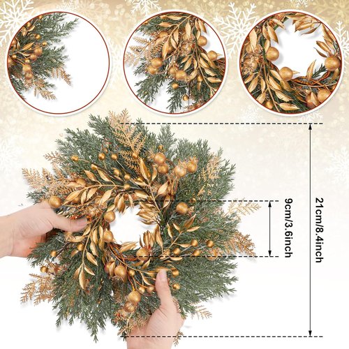 Cindeer Christmas Candle Rings - 6 Pcs Gold Wreaths with Artificial Berries | 8.4 Inch Centerpiece Decor