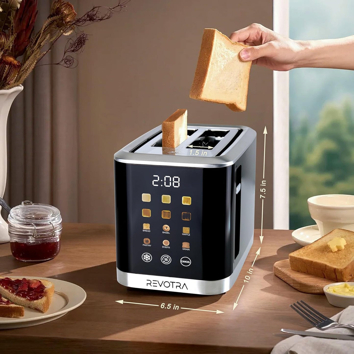 Skiennix 2-Slice Toaster - Stainless Steel with LED Display, Extra Wide Slots & 6 Shade Settings | Compact Design for Bagels & Waffles