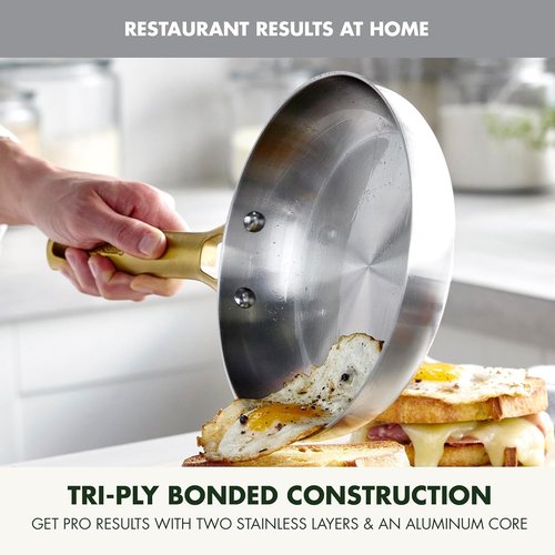 GreenPan Stainless Steel Tri-Ply Reserve 8” Frying Pan | Induction & Oven Safe, Dishwasher Safe, Gold Handle