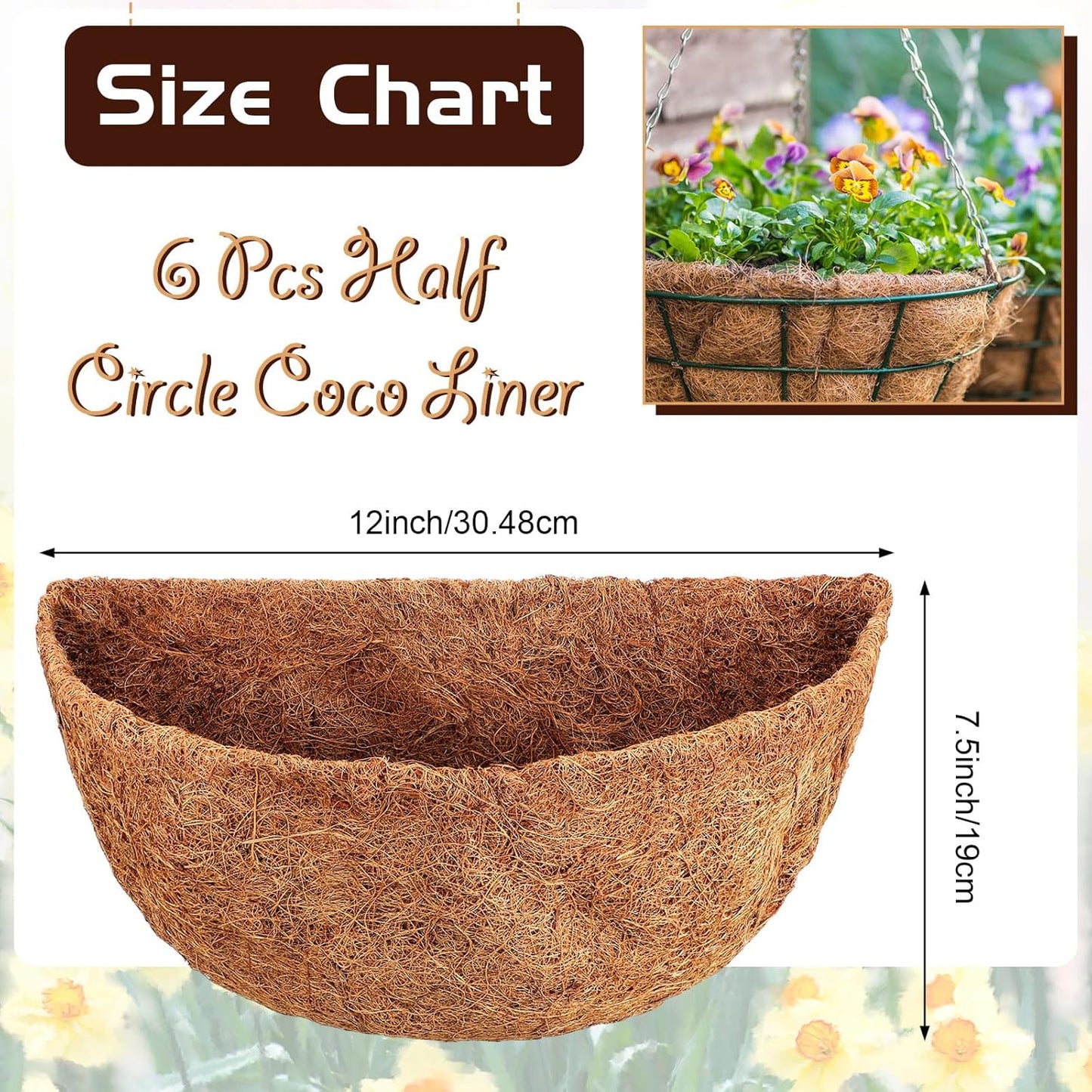 Skiennix 12-Inch Half Round Coco Liner - Durable Coconut Fiber Replacement for Hanging Baskets