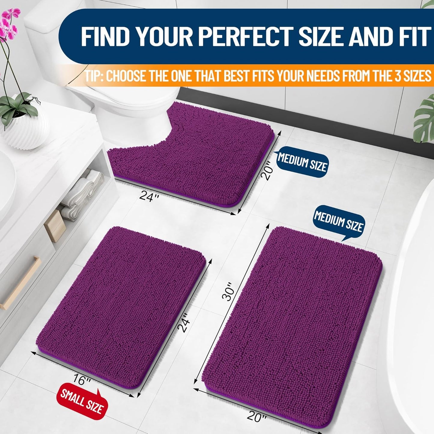 OLANLY U-Shaped Toilet Rug - Extra Soft, Absorbent Chenille Bath Mat | 24x20, Quick-Dry, Non-Slip, Purple