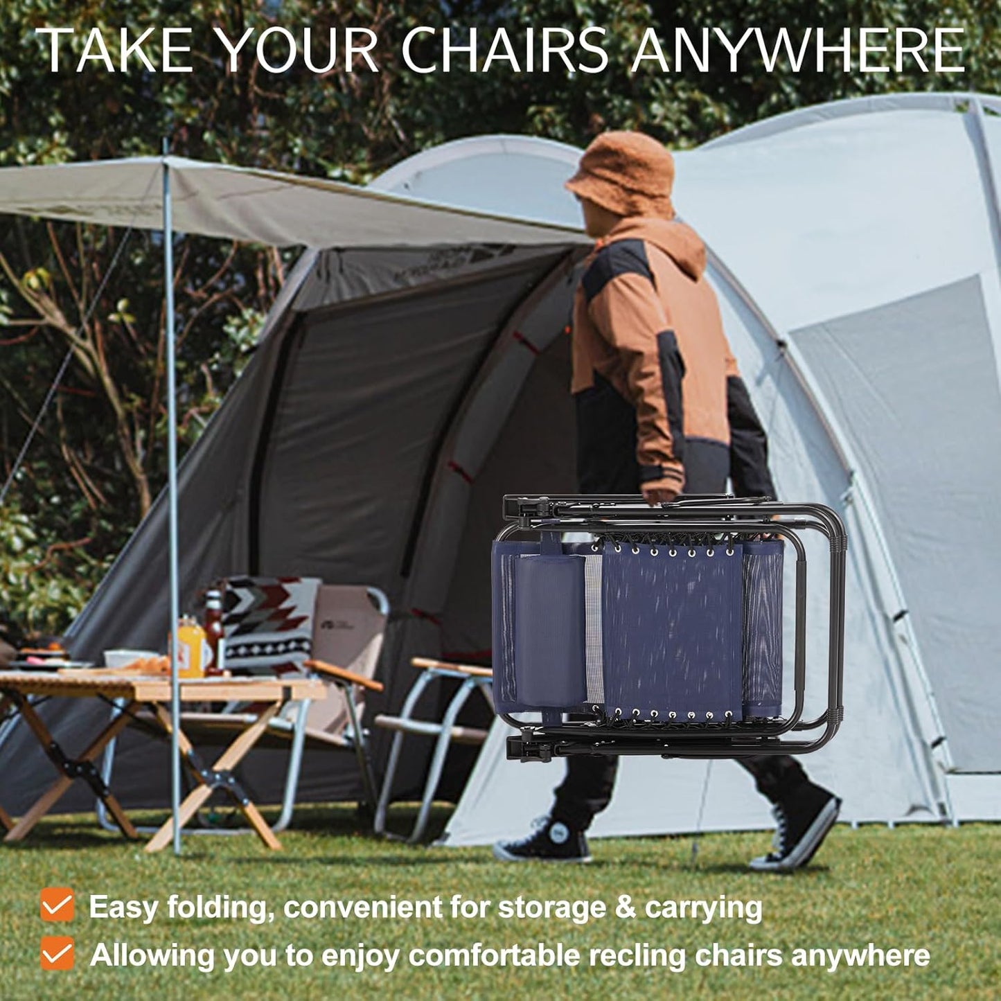 Sweetcrispy Zero Gravity Chairs - Set of 2 Outdoor Folding Reclining Lounge Chairs with Cup Holder & Adjustable Pillow - Classic Blue