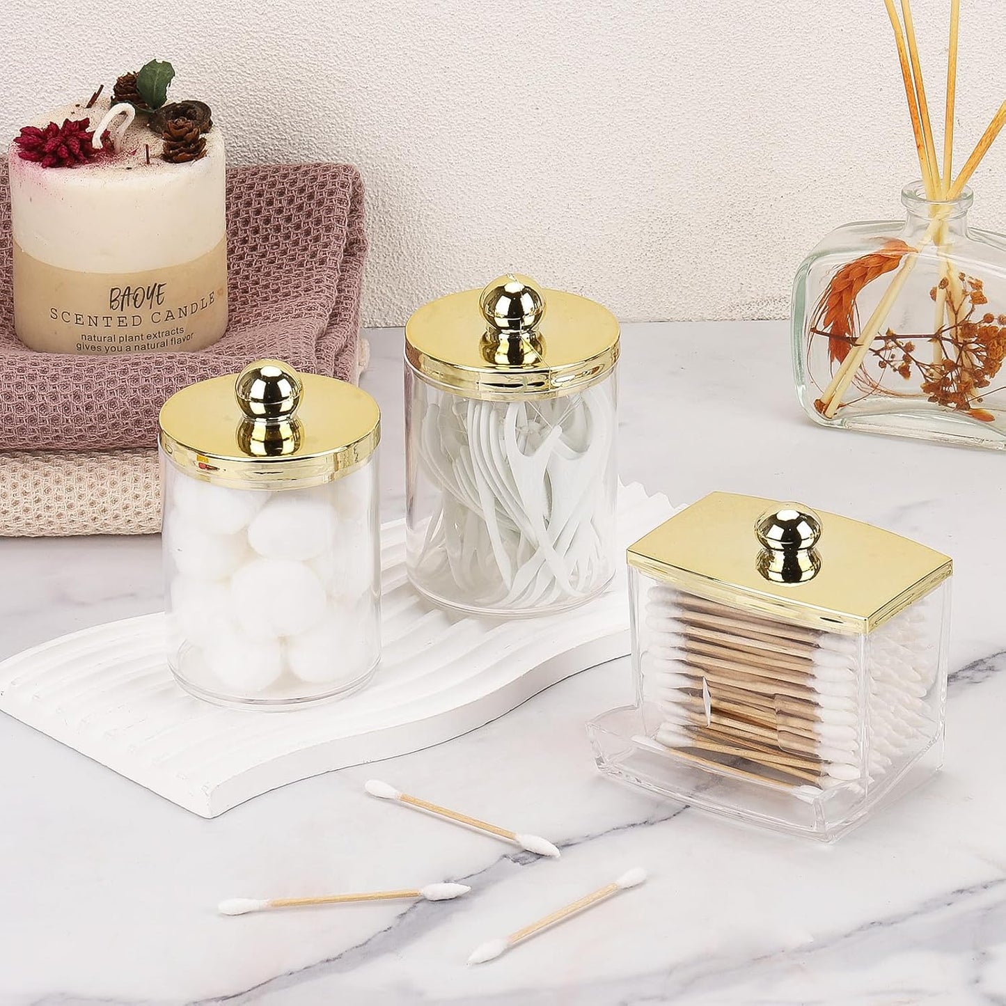 Tbestmax Cotton Ball Holder - 10oz Apothecary Jar with Gold Lid | Bathroom Organizer for Q-Tips & Swabs
