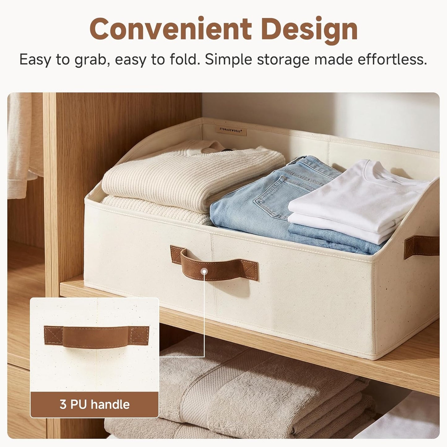 StorageWorks Trapezoid Storage Bins - Large Ivory White Fabric Closet Organizers | 3-Pack for Toys & Towels