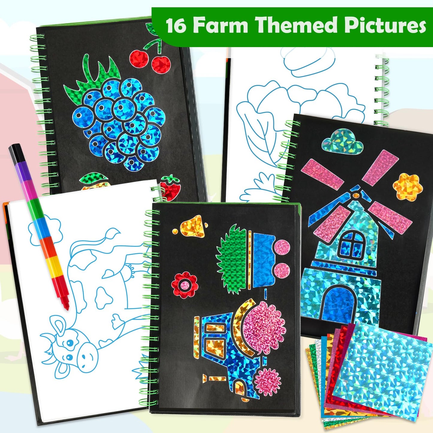 FUNNYB&G Foil Art Craft Kit for Girls 4-10 Years Old: Mess-Free & No-Glue, Create 16 Sparkly Farm Pictures – Perfect Travel Toy & Birthday Gift for Kids（Farm