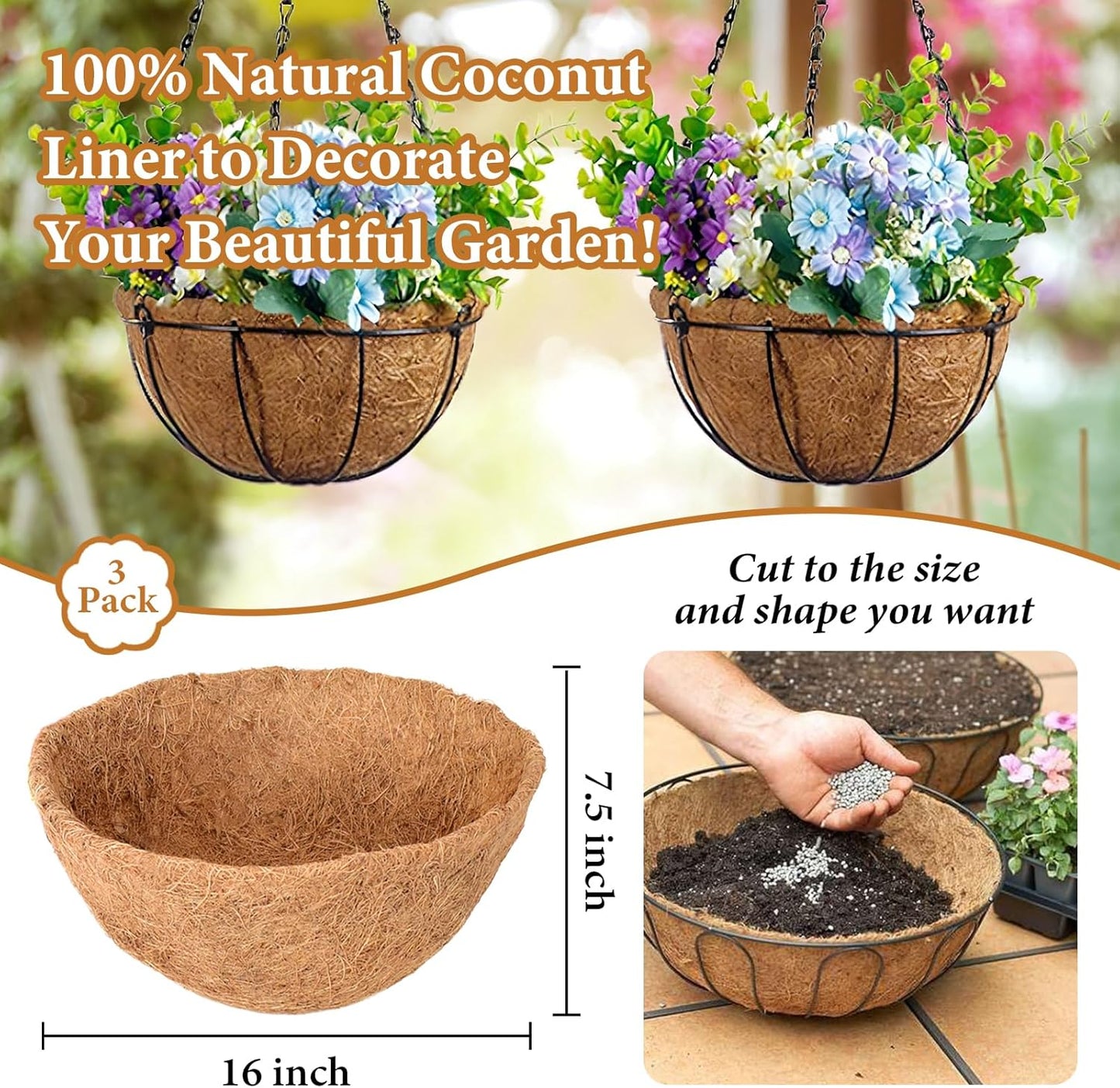 Legigo 3 Pack 16-Inch Coco Fiber Hanging Basket Liners - 100% Natural Round Planter Replacement