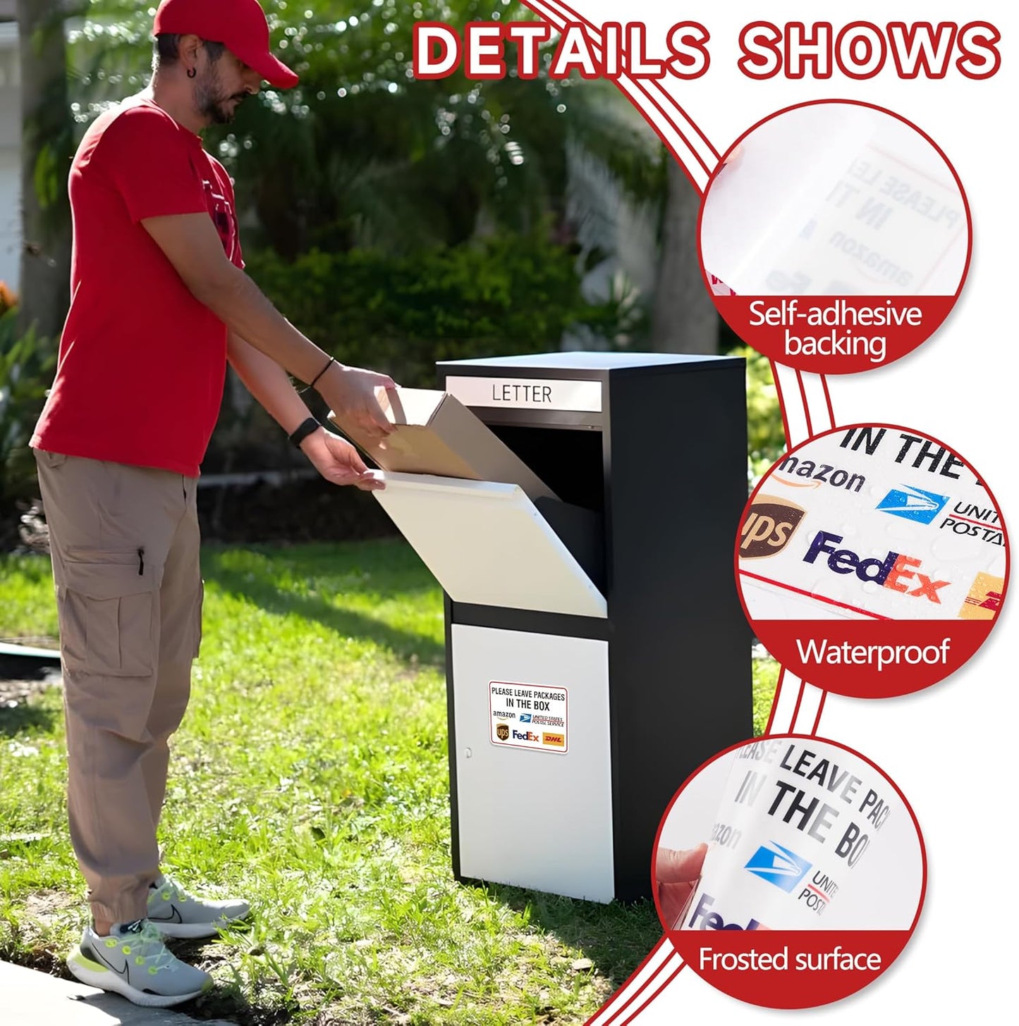 Please Leave Packages Here Sign by [Brand Name] - Self-Adhesive Waterproof Delivery Sticker | 8.3"x5.5" for Home, Office, Shop