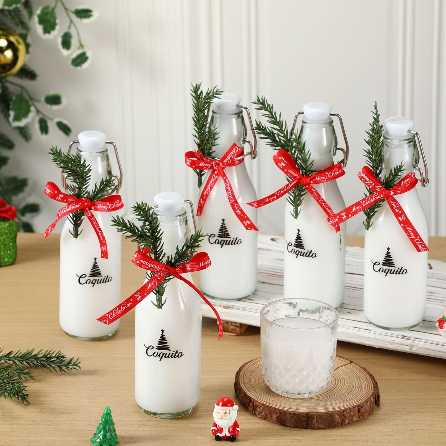Sieral 12 Pack Christmas Coquito Glass Bottle 8oz Clear Flip Swing Top Beer Brewing Bottles with Ribbon and Artificial Branches for Liquids Wine Christmas Tree Xmas Gifts
