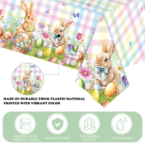 BokingOne 3 PCS Easter Tablecloth, Disposable Plastic Table Cover Rectangle 54 x 108 Inch - Bunny, Eggs, Buffalo Check Plaid Design for Spring Party Decor, Kitchen Dining Indoor Outdoor Home Decor
