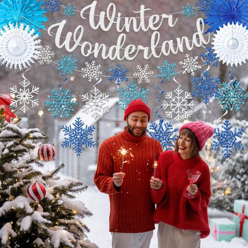 **Winter Wonderland Decorations | Blue Glitter Banner & Snowflake Ornaments for Festive Indoor Decor**