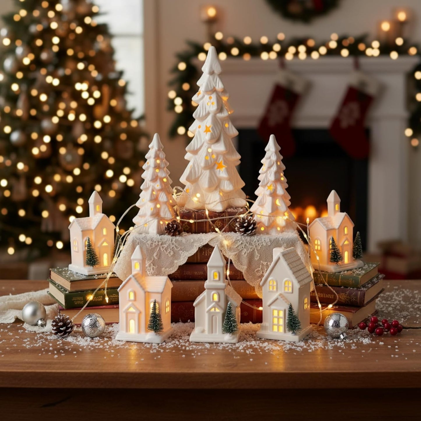 Nuogo Light Up Ceramic Christmas Trees Set - 6 Pcs White LED Decor with Glitter Snow for Holiday Tables