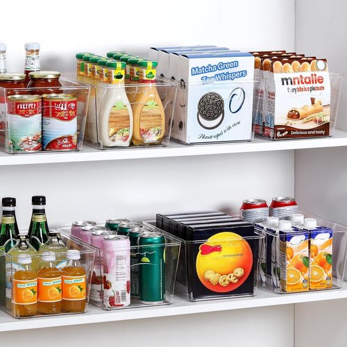 Clear Storage Bins - 12 Pack Large Plastic Organizers with Handles & Labels for Home, Kitchen, Bathroom