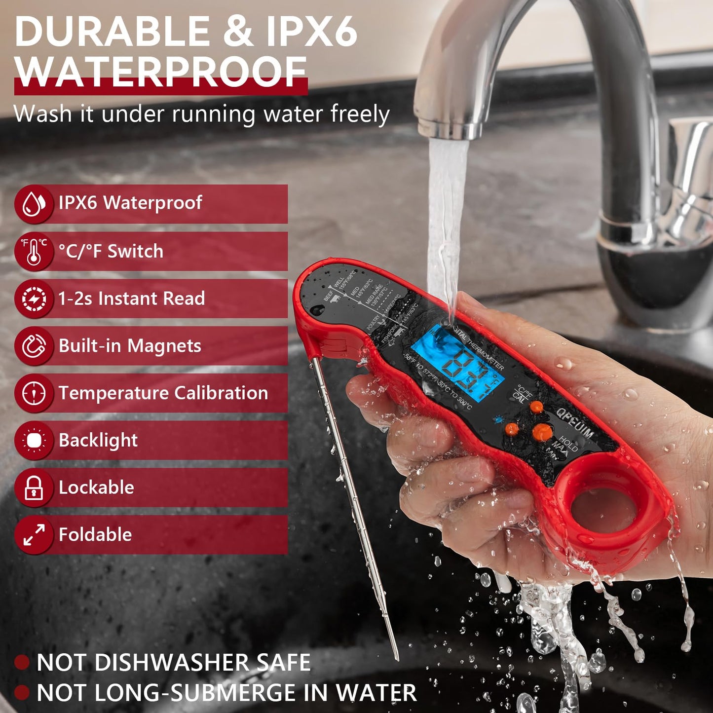QPEUIM Meat Thermometer Digital Instant Read Thermometer Waterproof Food Thermometer with Backlight & Calibration for Grill and Cooking Turkey BBQ